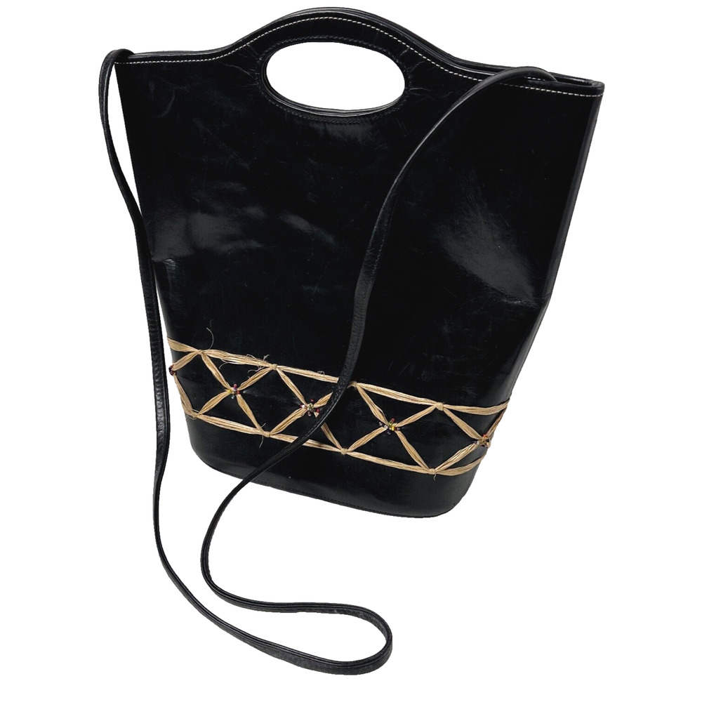 VTG Y2K Tony Graham Purse Black Leather? Strap Tote Bag Top Handle Boho Lagen